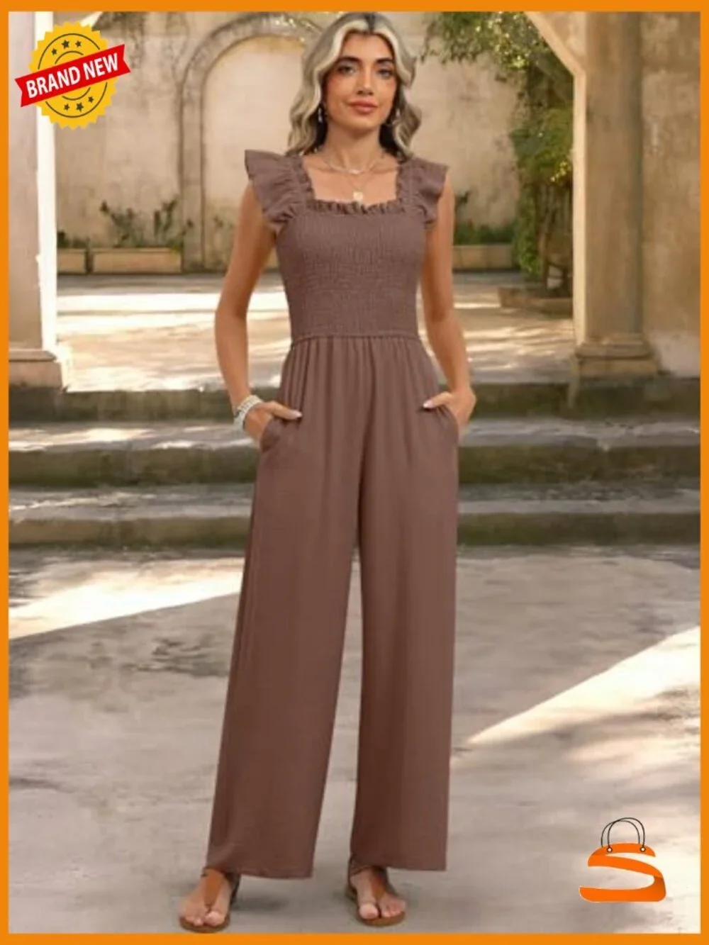 Dressy Casual Smocked Ruffle Cap Sleeve Jumpsuit with Pockets
